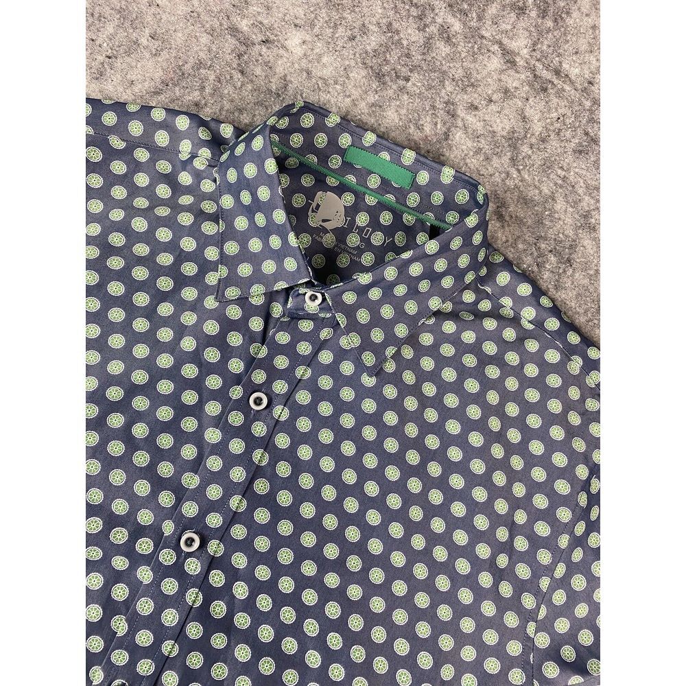 NICOBY Casual Button Up Golf Shirt Mens Size L Blue & Green Lime Geometric Print